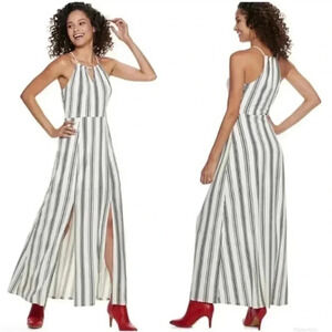 Candie’s Women’s Striped Blk/Wht Keyhole Halter Slit Bottom Maxi Dress SZ XS